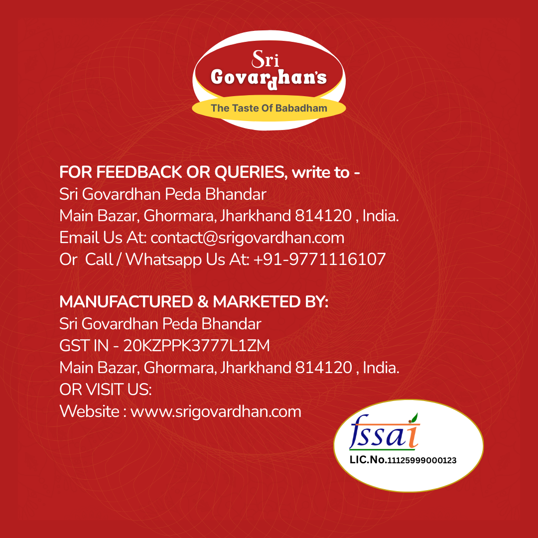 Sri Govardhan's product packaging with contact information and FSSAI logo on a red background