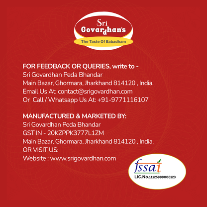 Sri Govardhan's product packaging with contact information and FSSAI logo on a red background