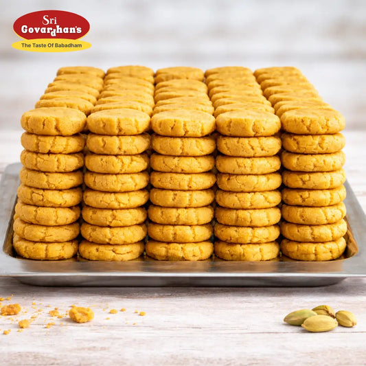 Sri Govardhan Babadham Ghormara Peda stacked on tray made with pure desi khoya, traditional Deoghar Babadham prasad peda sweet