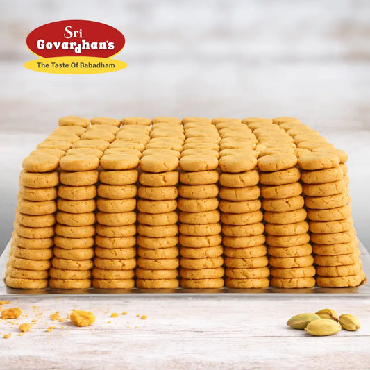Sri Govardhan Ghormara Peda stacked on tray made with pure desi khoya, traditional ghormara peda sweet since 1980